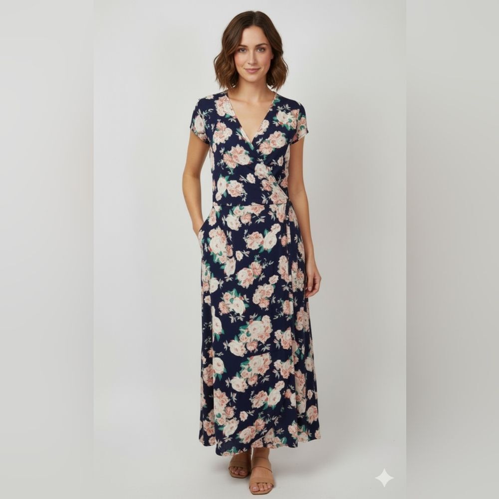 DE Collection Women's Blue Floral High-Low Faux Wrap Short Sleeve Dress Small